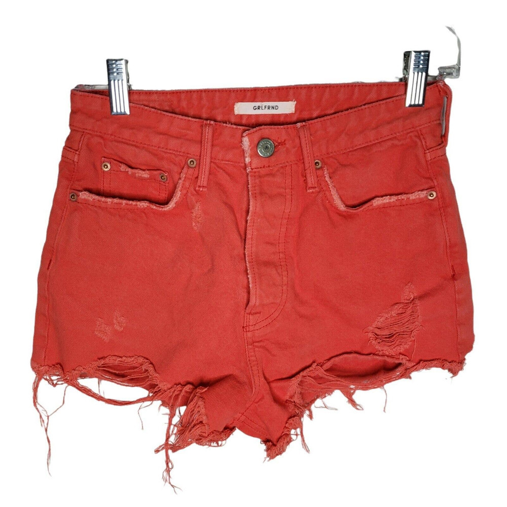 Grlfrnd Womens Button Fly Fringe Distressed Cindy Short Shorts red Sz 26 womens
